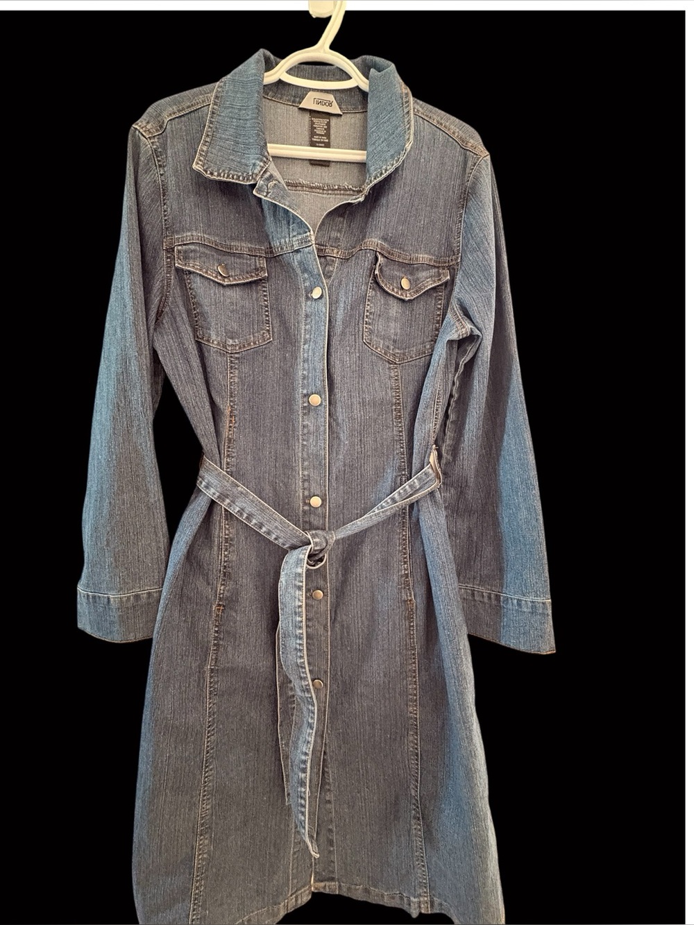 Vintage Lindor denim dress Stretch Belted Knee length Ladies Med.C.1980s